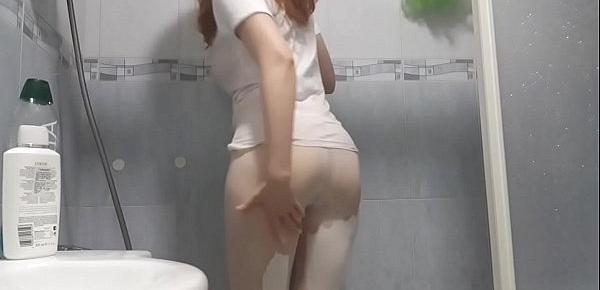  White shirt and tights shower with a redhead!